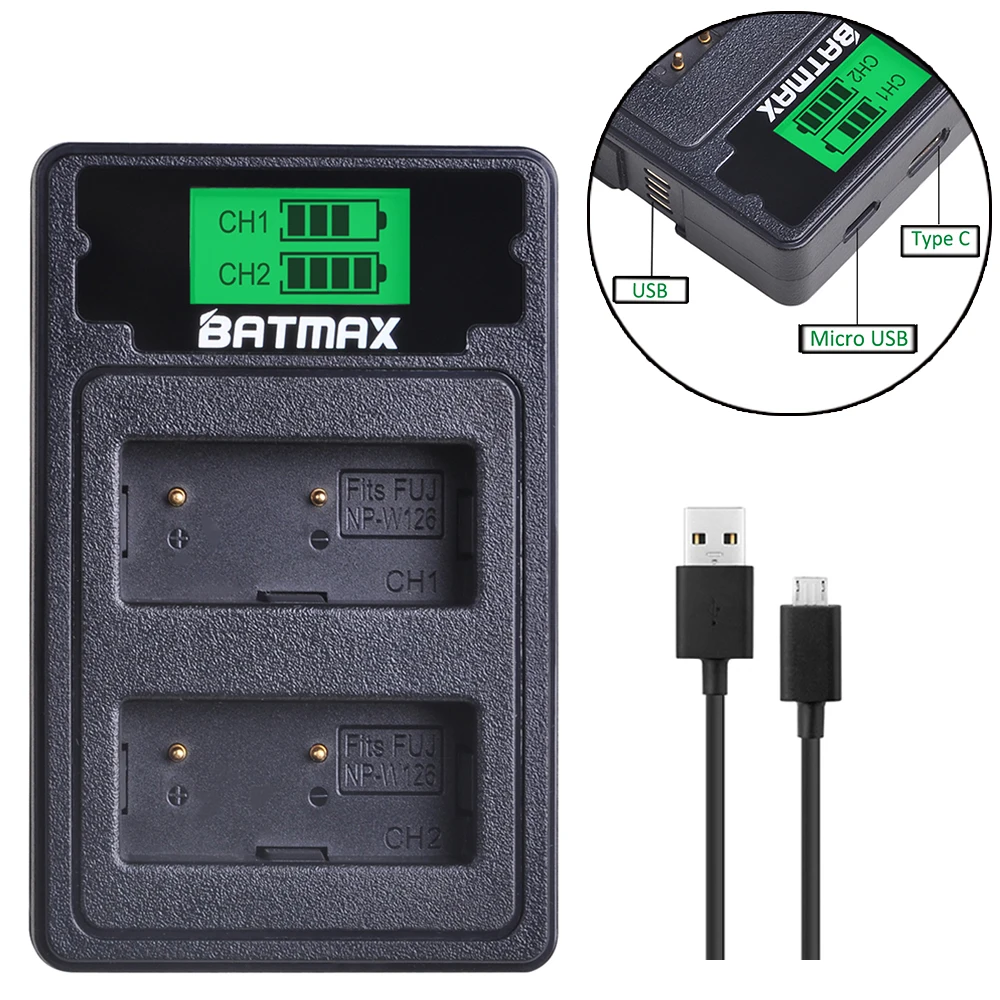Batmax 3 шт. NP W126 Батарея + ЖК дисплей двойной Зарядное устройство & Тип C Порты и