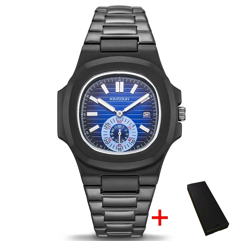 black blue and box Модные квадратные мужские часы, деловые водонепроницаемые кварцевые наручные часы из нержавеющей стали для женщин и мужчин, мужские часы erkek kol saati - Цвет: black blue and box