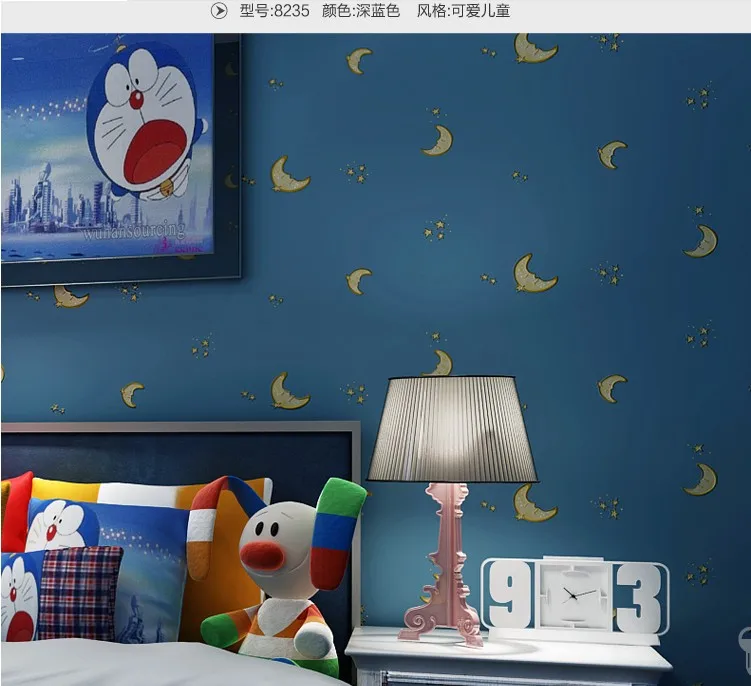 Children's room wallpapers for kids boy girl blue starry sky moon cartoon non-woven wall paper bedroom warm color household deco