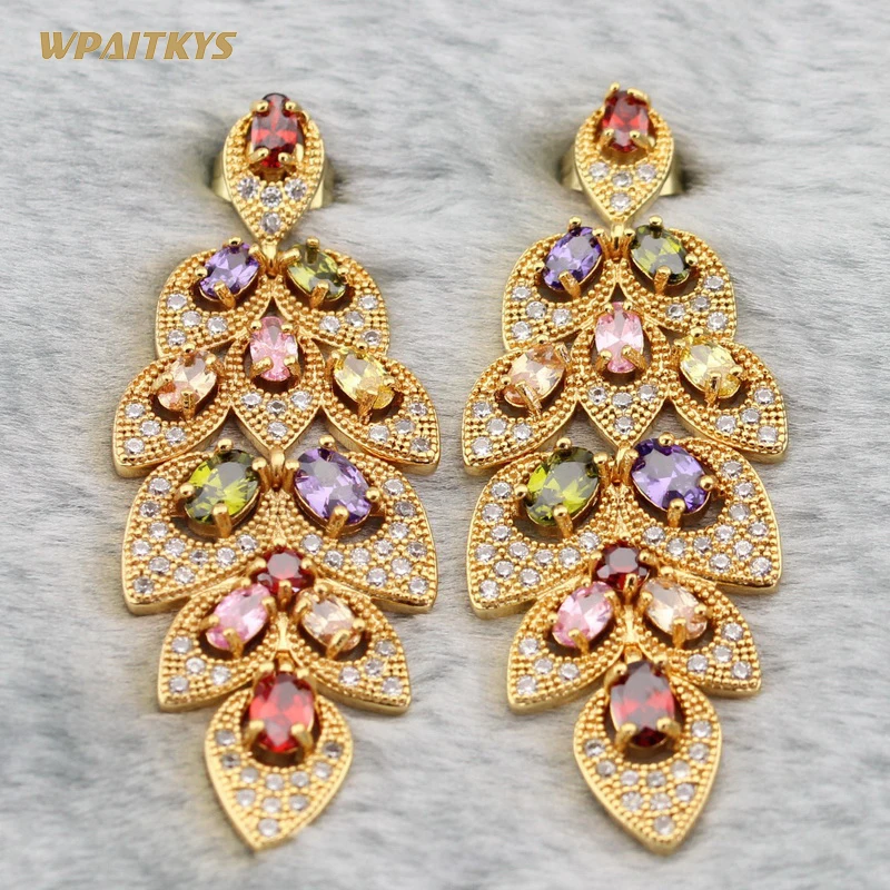 WPAITKYS Long Earrings for Women wedding Multicolor Cubic Zirconia Gold Color Earring Fashion Jewelry Free Gift Box | Украшения и