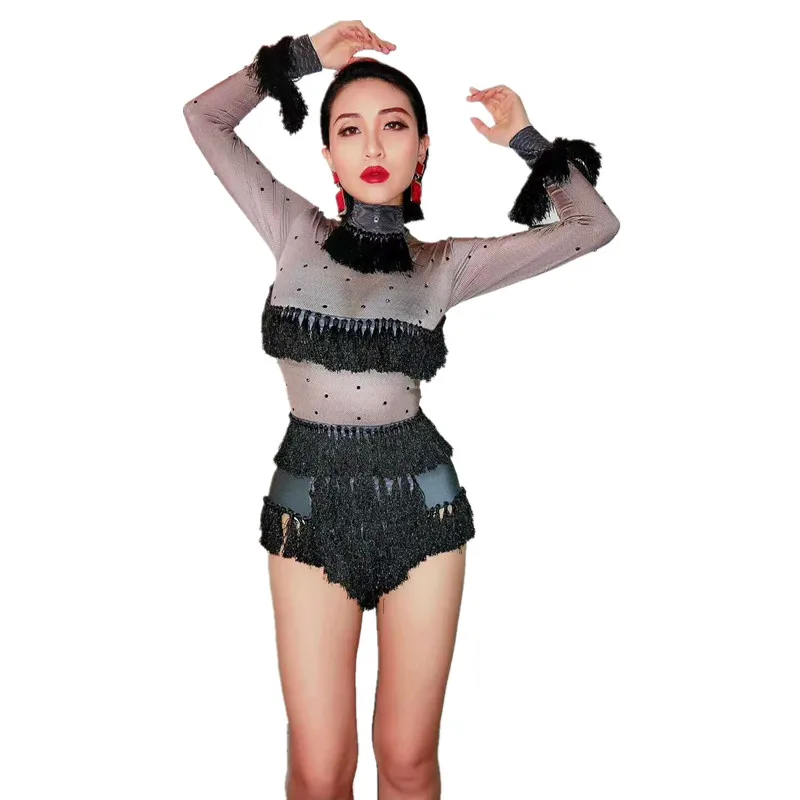 Женский боди с кисточками и стразами Christia Bella вечерние Стрейчевые трико для