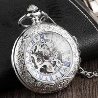 elegant mens mechanical pocket watch retro ladies silver caved flip case fob chain watch hollow skeleton steampunk clock for men
