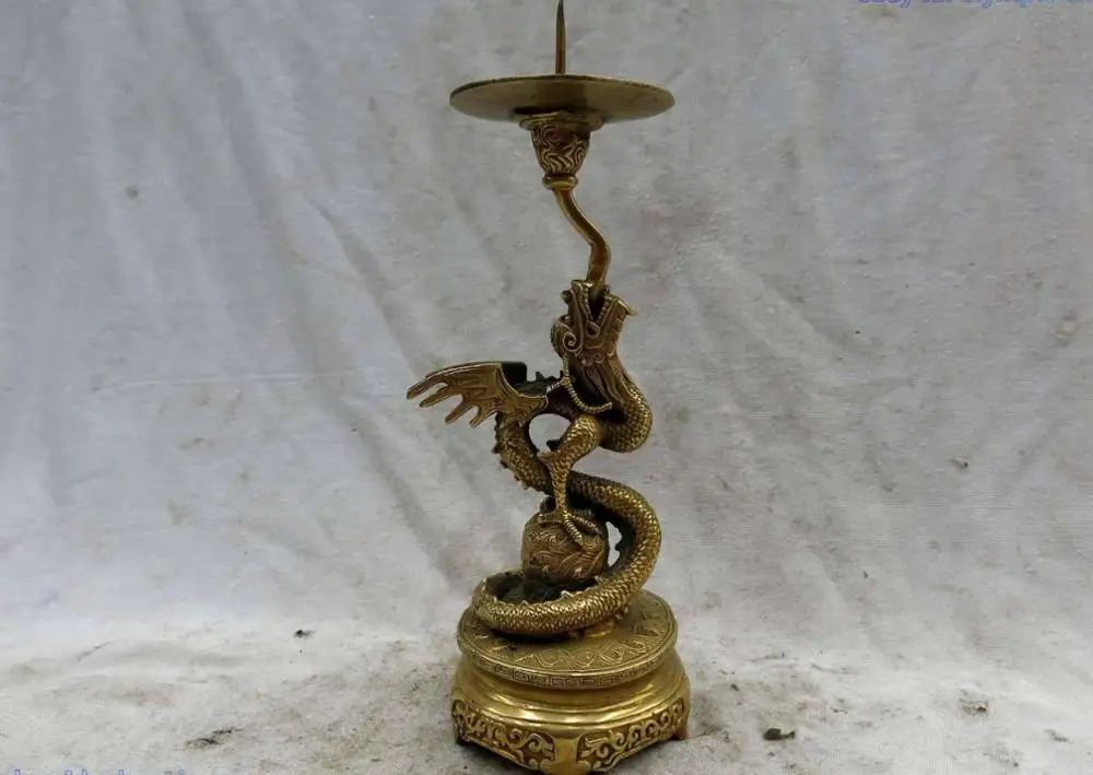 

8" China brass copper carved finely lucky dragon candelabrum Sculpture Statue