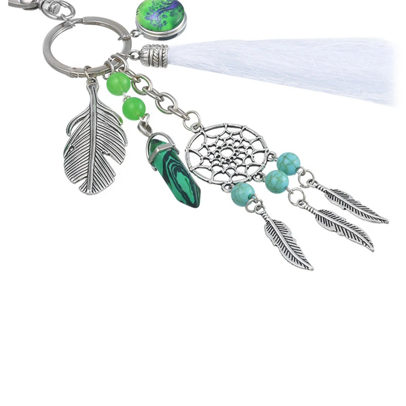 Laamei 2018 Handmade Natural Stone Keychain Dream Catcher Tassels Feather Women Silver Boho Jewelry keychain Gift | Украшения и