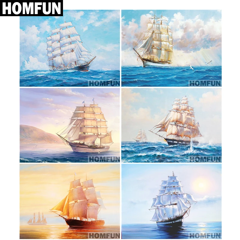Алмазная 5D Вышивка HOMFUN парусник на море картина из квадратных/круглых страз