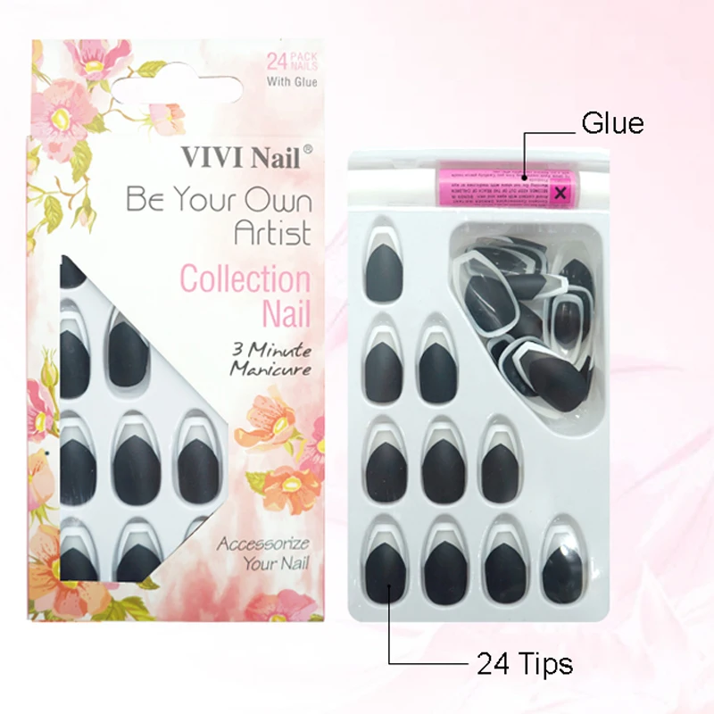 

24pcs Black Professional Nail Art Coffin Design False Nail Tips Acrylic Fake Nails With Glue Manicure Accessories Beauty Tools
