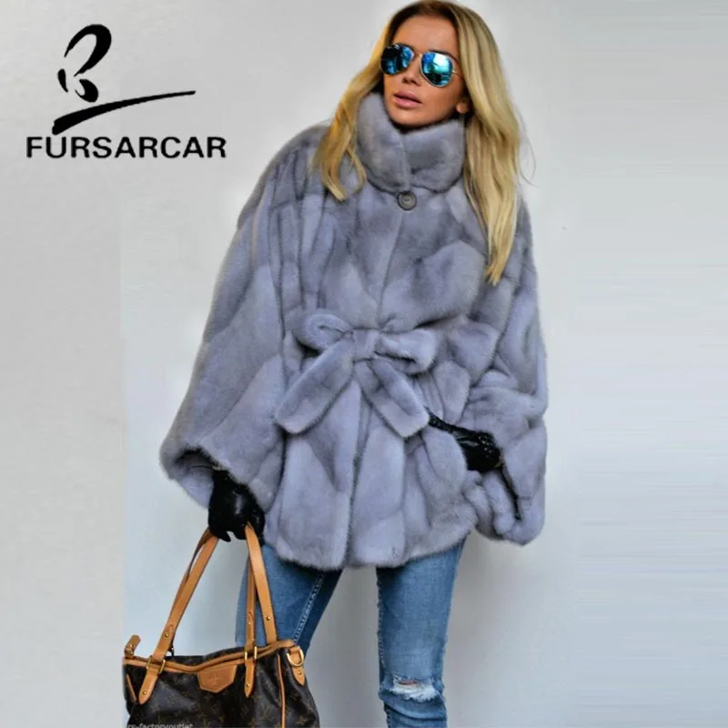 FURSARCAR Whole Pelt Real Mink Fur Coat Women Winter Bat Sleeve Coat With Hood Top Quality New Style Female Nature Mink Fur Coat