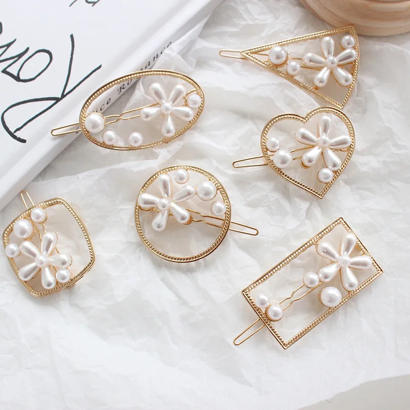 

2019 Korea New Fashion Hair Jewelry Imitation Simulated Pearl Flower Heart Triangle Shape Hairgrips For Women Geometric Hairpins