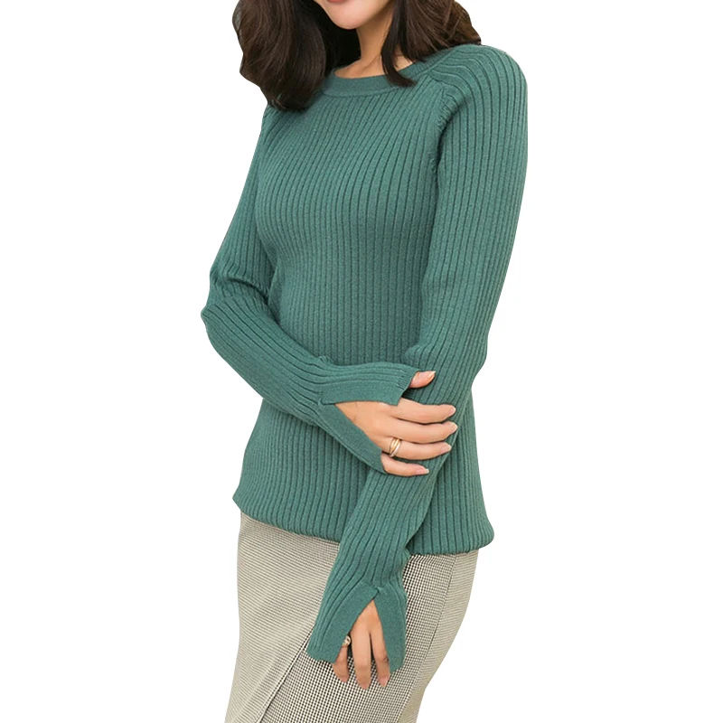 Фото Зимний женский свитер вязаный пуловер зеленого цвета 2018 модный теплый корейский