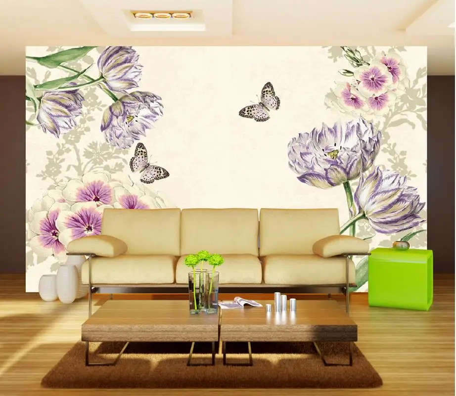 3d обои для комнаты ручная роспись тюльпаны фиолетовые цветы Европейский стиль