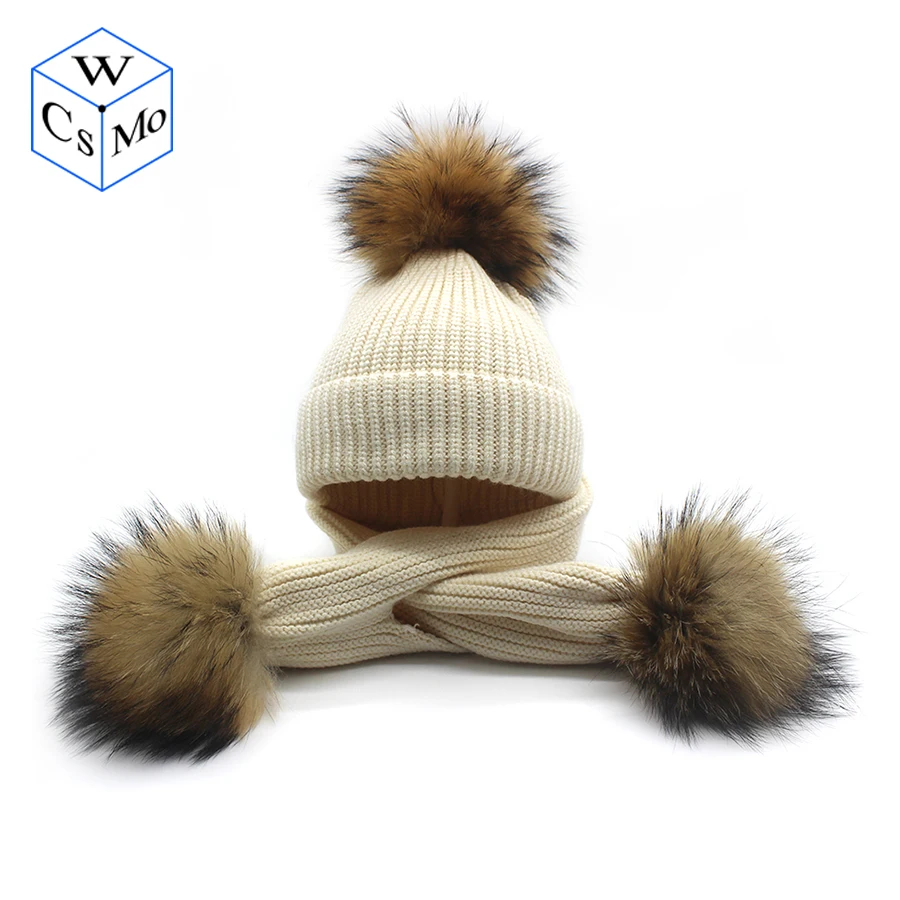 Фото New Winter Baby Girls Boy Real Raccoon Knitted Hat Scarf Set With Fur Pompom Ball Caps Children Hats Kids Warm Beanie Suits New Winter Baby Girls Boy Real Raccoon Knitted Hat Scarf Set With Fur Pompom Ball Caps Children Hats Kids Warm Beanie Suits
