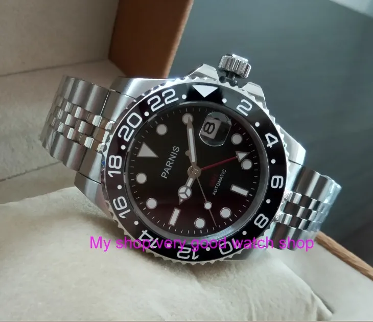 Мужские автоматические часы PARNIS GMT 40 мм с черным керамическим ободком сапфировым
