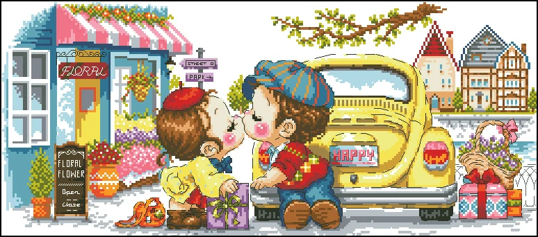 

Free delivery Top Quality popular counted cross stitch kit kiss at flower shop, korea wedding kiss cross stitch