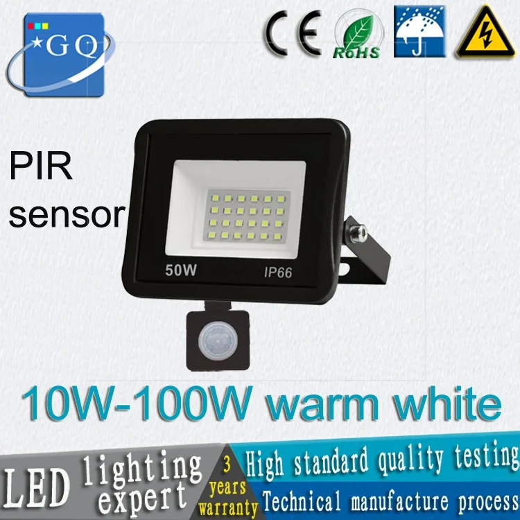warm white 10 Вт 20 Вт 30 Вт 50 Вт 70 Вт 100 Вт СИД прожекторное освещение AC220V DC12V в черном корпусе с прожекторы PIR сенсорный датчик движения лампа с датчиком - Испускаемый цвет: warm white