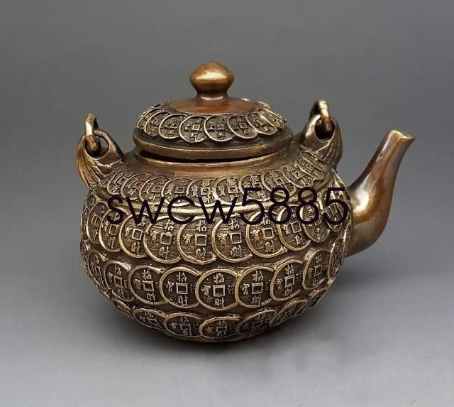 Old Chinese Brass Copper Wealth Money Coin Portable Wine Tea Pot Flagon NR | Дом и сад