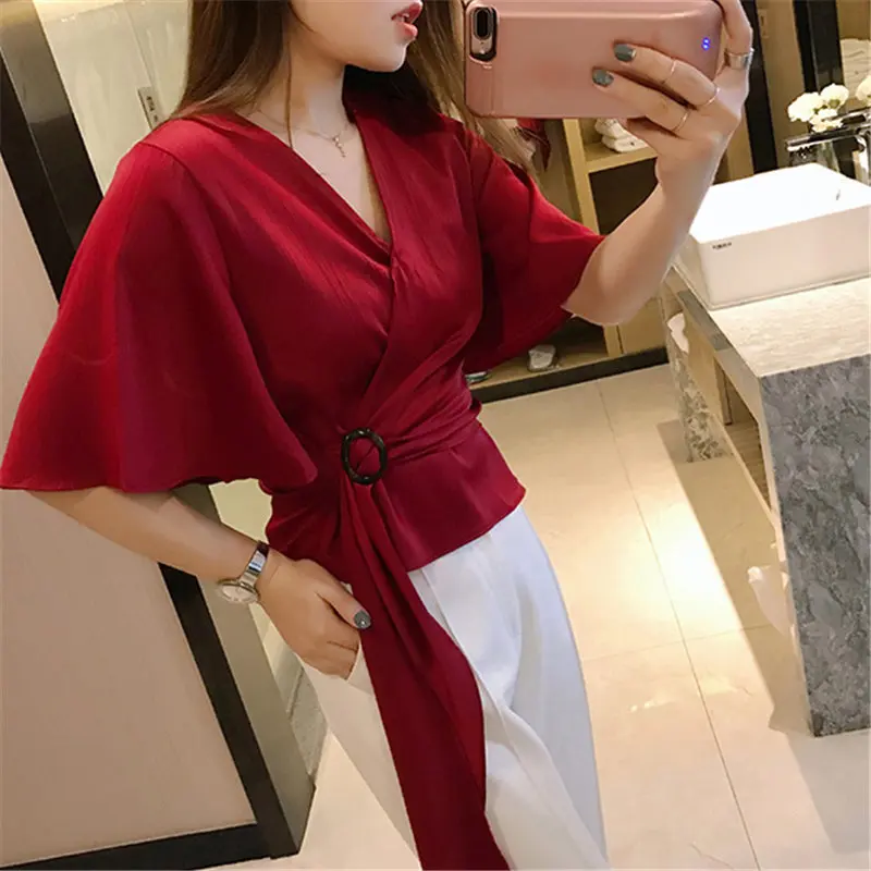 Hzirip Chic Female Sweet Summer Fresh Sashes Irregular High Quality Fashion Loose Short Flare Sleeve Casual Solid Chiffon Shirts | Женская