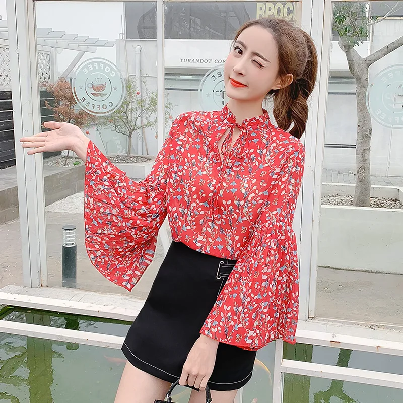 OllyMurs 2019 New Spring Summer Women Flare Sleeve Chiffon Shirts Woman Vintage Floral Printed Blouses Fashion Elegant Sexy Tops | Женская