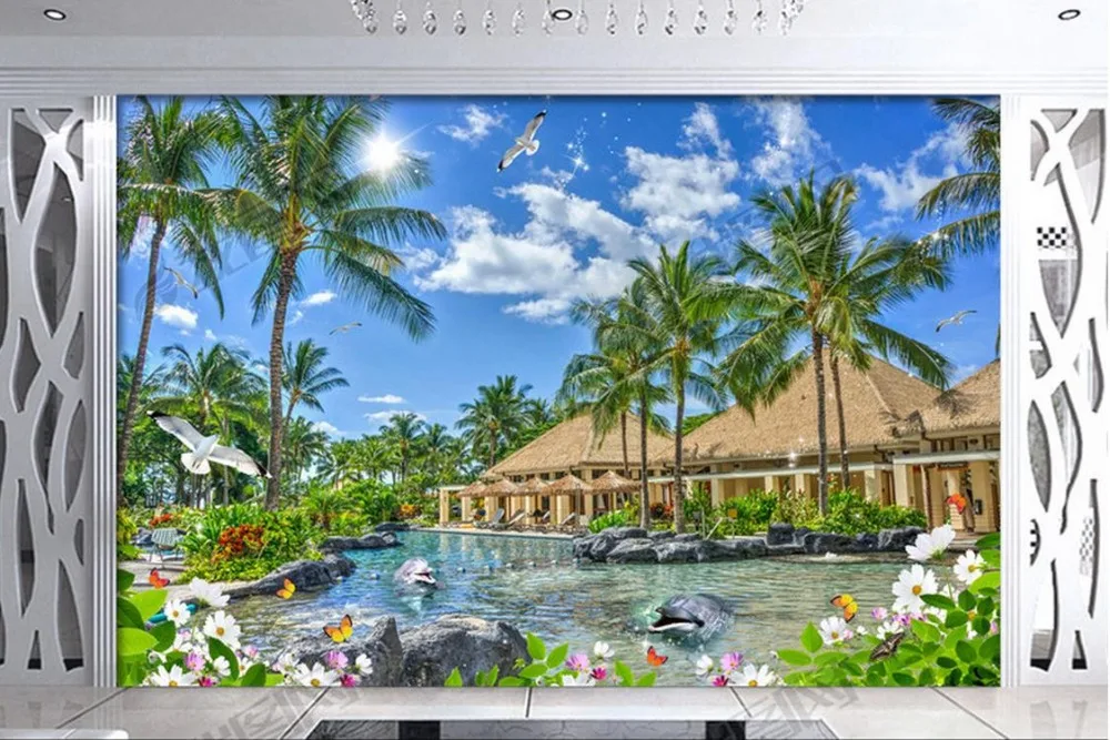 

Современные 3d фото обои на заказ 3d стереоскопический пляж Санья голубое море голубое небо павильон бассейн HD фото 3d настенные фрески обои