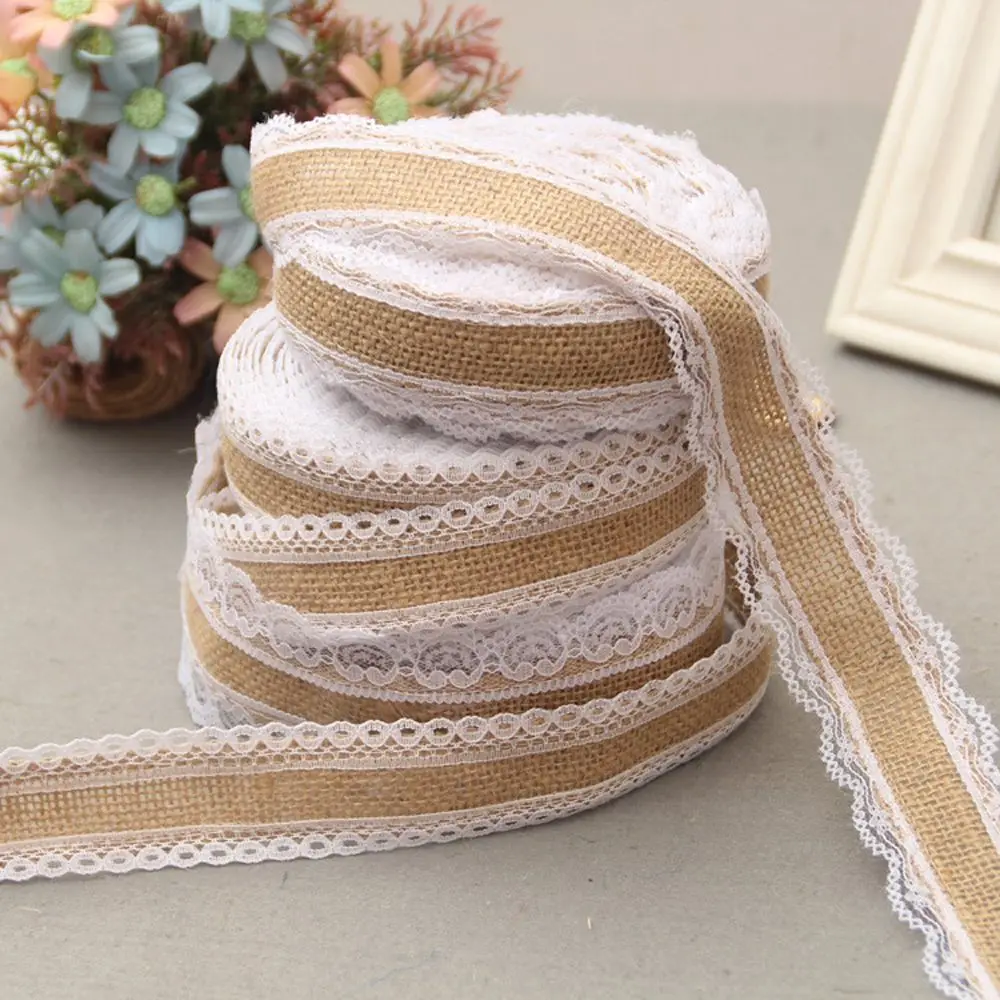 

2M Natural Jute Burlap Rolls Hessian Ribbon with Lace Rustic Wedding Party Favors DIY Decoration Craft Supplies