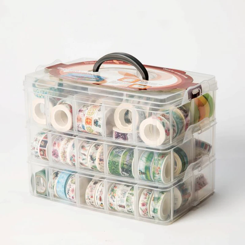 

1 Pcs PP MultiFunction 3 layers 18 grids Washi tape storage box transparent Tool Set box accessories Handcarry stationery Holder