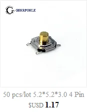 50 шт./лот 5,2*5,2*2,3 мм 12V 0.5A 4 Pin SMT нажимная кнопка металла переключатель тактильные микро, тактовый сенсорный выключатель Медь прерыватель