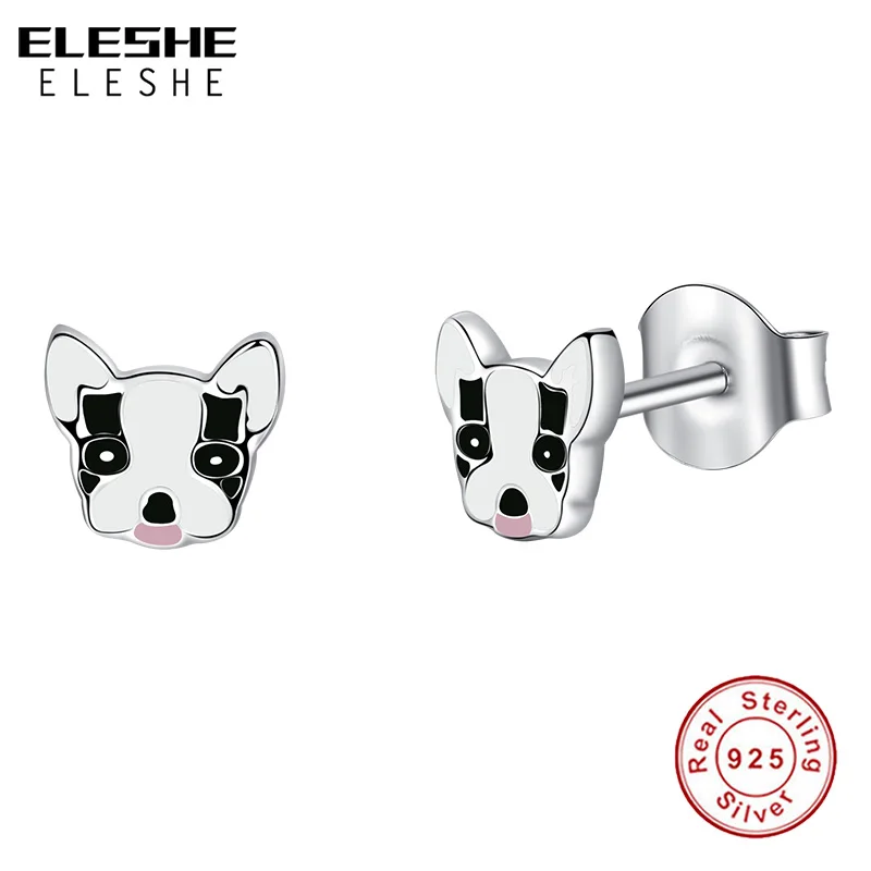

Подлинный ELESHE 925 стерлингового серебра Симпатичные серьги с собаками с Эмаль серьги-гвоздики с животными для женщин и девочек дети мода ювелирные изделия