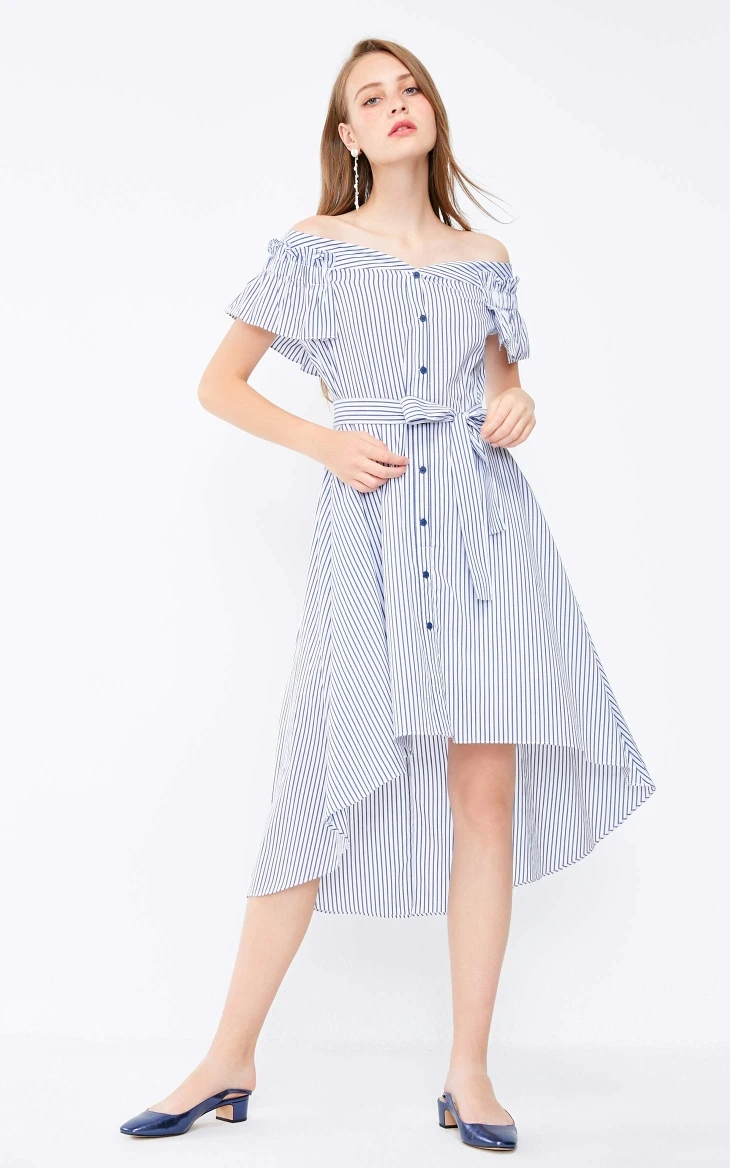 Vero Moda Плиссированное Полосатое платье с открытыми плечами на шнуровке с эластичными манжетами | 31837B505