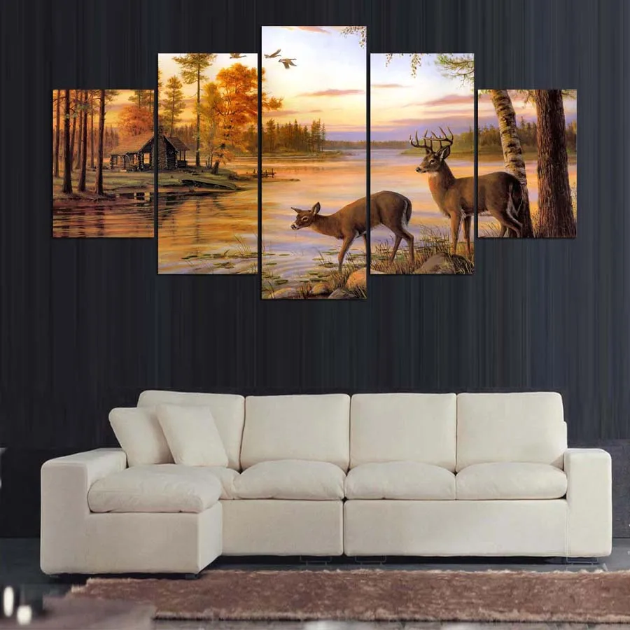 5 Pieces Canvas Paintings deer beside the lake autumn landscape pictures home decor framed wall art WD-1140 | Дом и сад