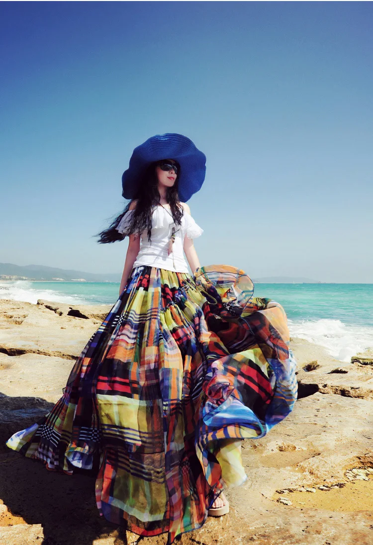 Women Trip Skirt 2018 Summer High Waist Colorful Chiffon Girl Floor Length Beautiful Beach Skirts | Женская одежда