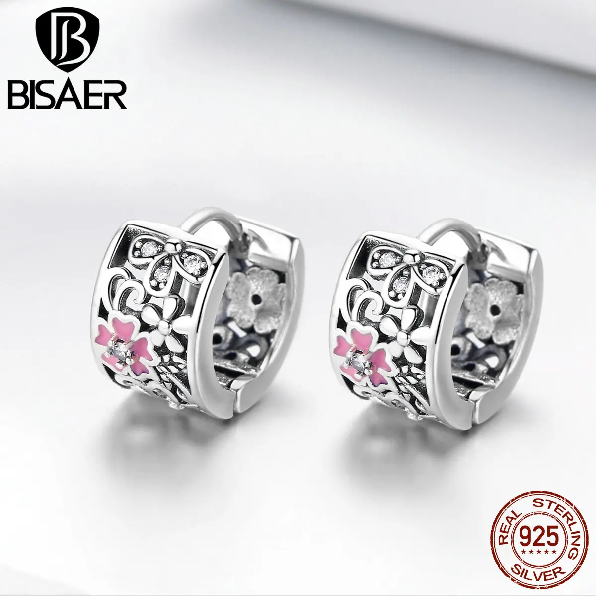BISAER модные 925 пробы серебряные серьги в форме маргаритки гвоздики цветущая вишня