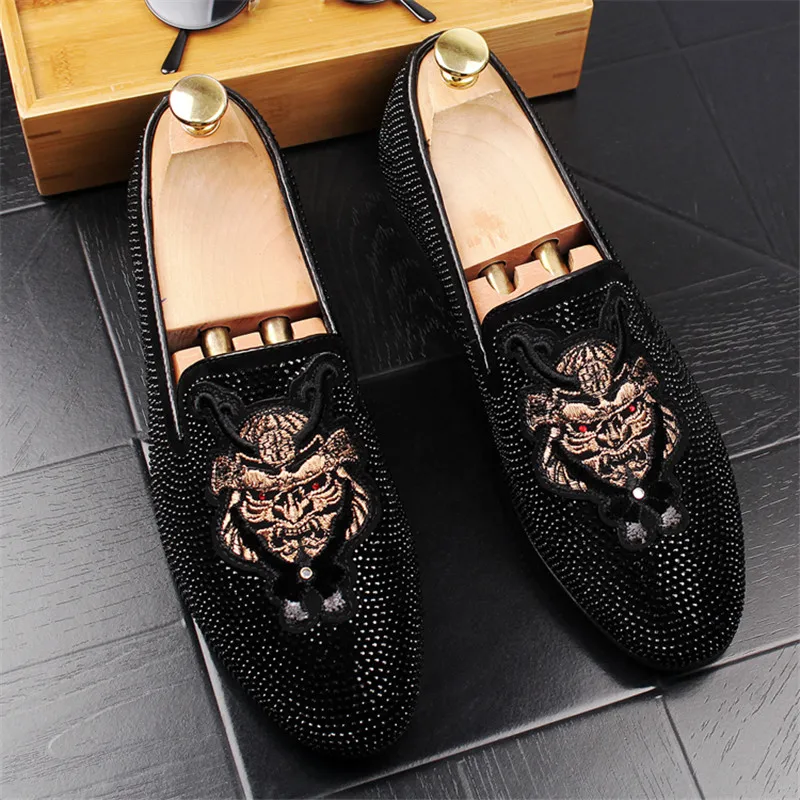 Handmade Black Rhinestone Shoes Luxurious Men Leather Loafers Fashion Party And Wedding Men's Casual Embroidery D50 | Обувь