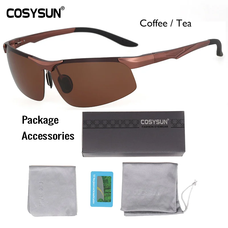 CoffeeTea BriefPKG COSYSUN, Брендовые мужские солнцезащитные очки, мужские поляризованные солнцезащитные очки, без оправы, алюминиевый сплав, зеркальные линзы, солнцезащитные очки для вождения, Oculos de sol CS0511 - Цвет линз: CoffeeTea BriefPKG