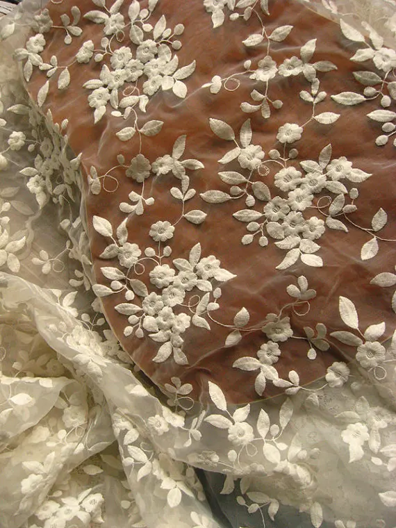 

Кружевная ткань из органзы с вышивкой цвета слоновой кости, хлопковая кружевная ткань с цветочной вышивкой в стиле ретро для свадьбы, круже...