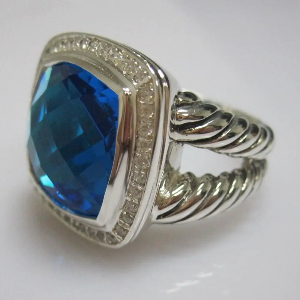 Blue Topaz Цельное ювелирное изделие из серебра 925 пробы 14 мм кольцо с голубым топазом дизайн бренда ювелирные изделия из стерлингового серебра Аметист Черный оникс цитрин женское кольцо - Цвет камня: Blue Topaz