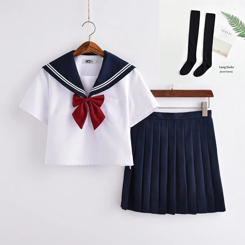 Short Set With Socks Взрослые матросские лунные костюмы японская школьная форма для девочек сценическое представление короткий рукав; Моряк Костюмы Топы плиссированные юбки наборы - Цвет: Short Set With Socks