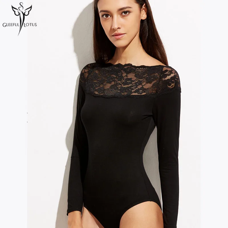 Women Sexy Bodysuits Black Jumpsuits Lace Playsuit Long Sleeve Overalls Skinny Rompers Elastic Bodies One Piece 2017|body one piece|lace