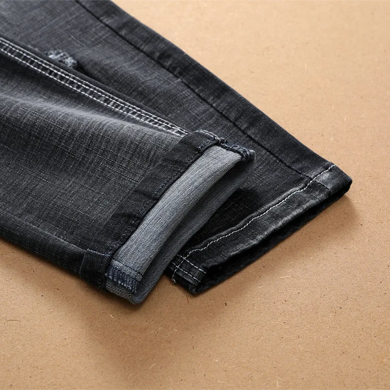 

Fashion Men's Jeans Skinny Knee Hole Zipper Vintage Embroidery Jeans Men Casual Ripped Jeans for Men Plus Size