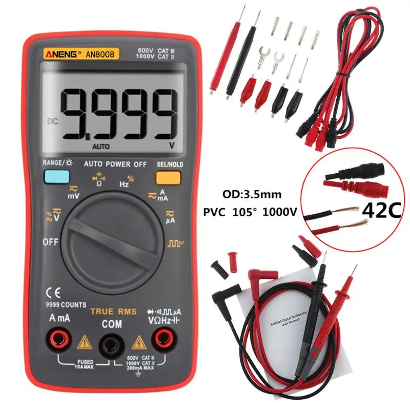 ANENG AN8008 True-RMS цифровой мультиметр 9999 отсчетов квадратная волна подсветка AC DC Напряжение Амперметр Ток Ом Тест Авто/руководство