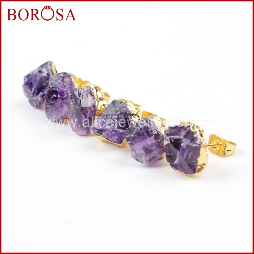 BOROSA 1 пара новые золотые серьги с необработанными аметистами фиолетовым