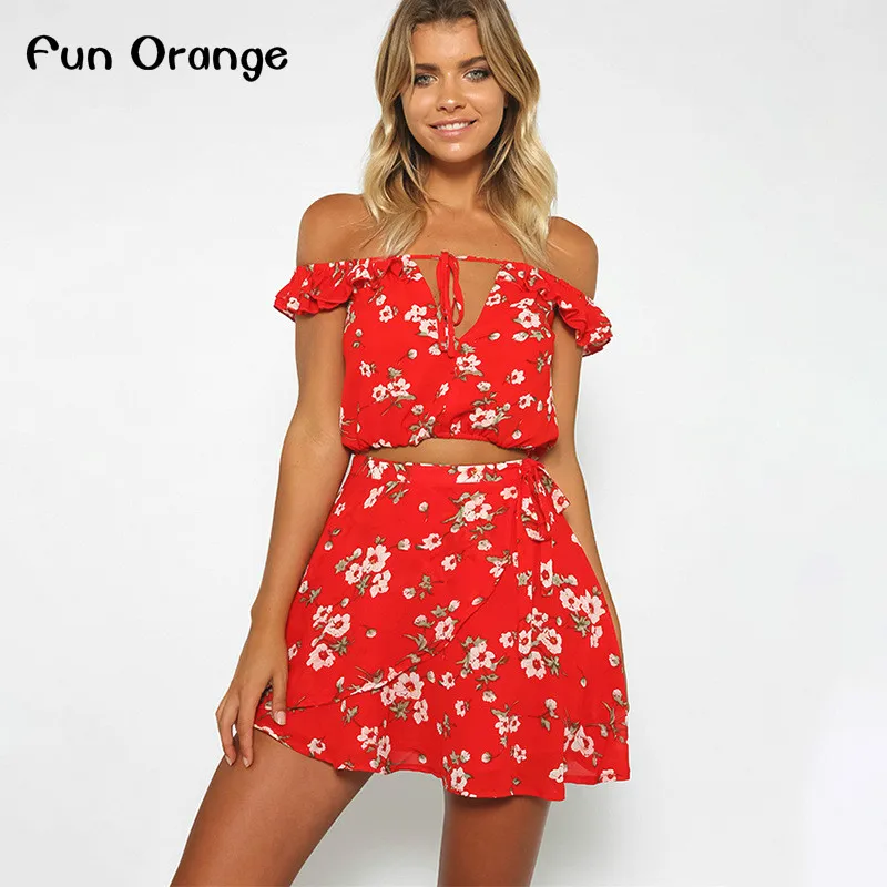 Fun Orange Из Двух частей Красный Шифон Летом Dress Женщины 2017 Vintage Партия Оборками