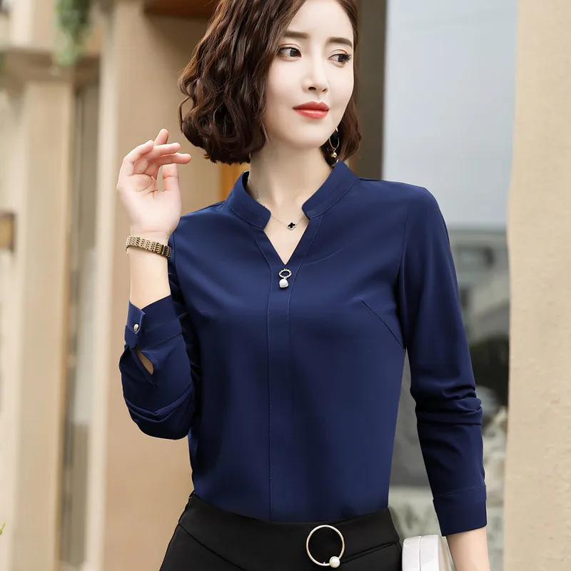 Navy blue Новая Темпераментная Женская рубашка с v-образным вырезом, с длинным рукавом, профессиональная Мода, элегантная шифоновая блузка, Офисная Женская блузка размера плюс, топы - Цвет: Navy blue