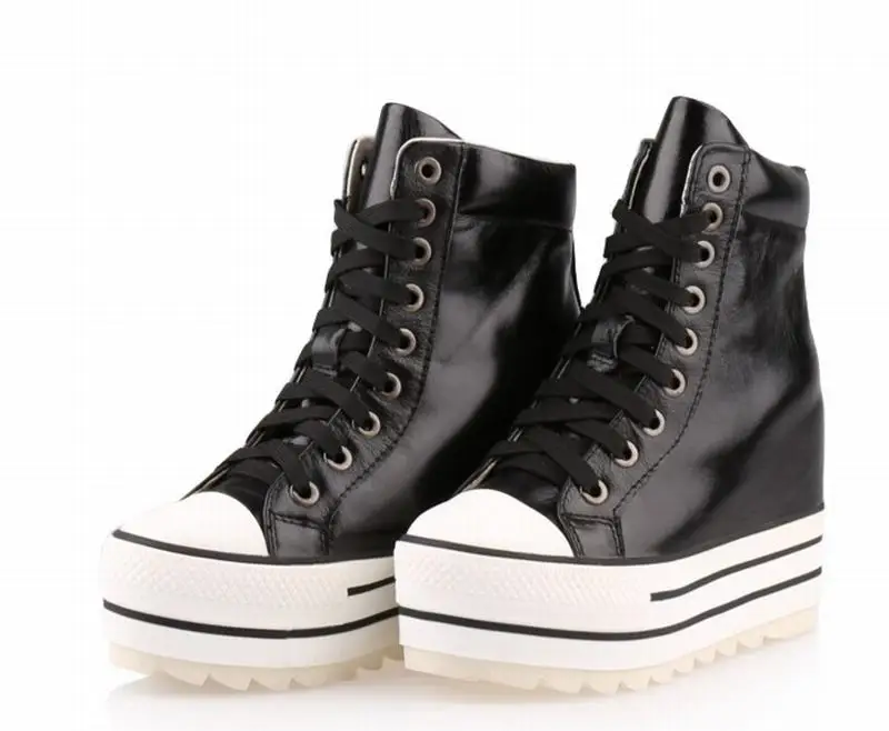 Women High Quality 111% All Genuine Leather Hidden Wedges Heel Casual Shoes Top Lace Up Platform Thick Bottom Elevator Boot | Обувь