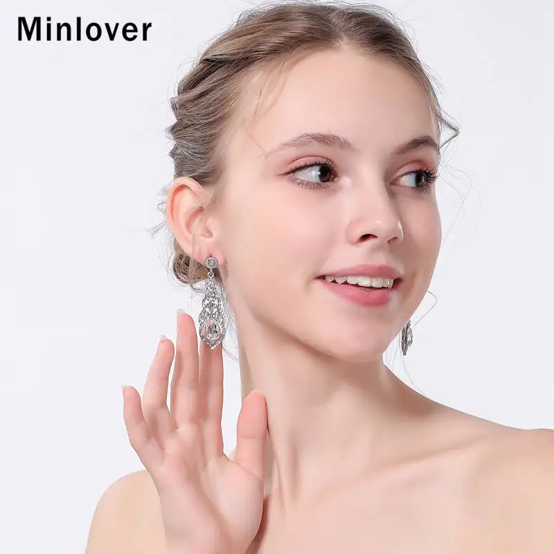 Minlover Новые Свадебные Длинные серьги с кристаллами для женщин цвета шампанского