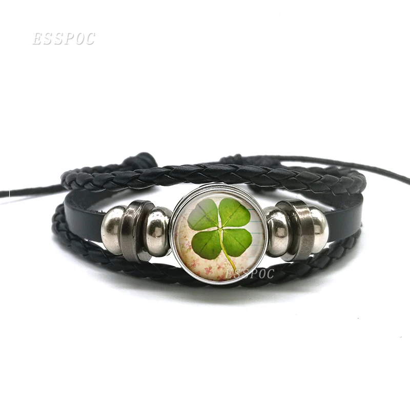 Lucky Fashion Clover Shamrock стеклянный кабошон кнопки многослойный кожаный браслет ручная