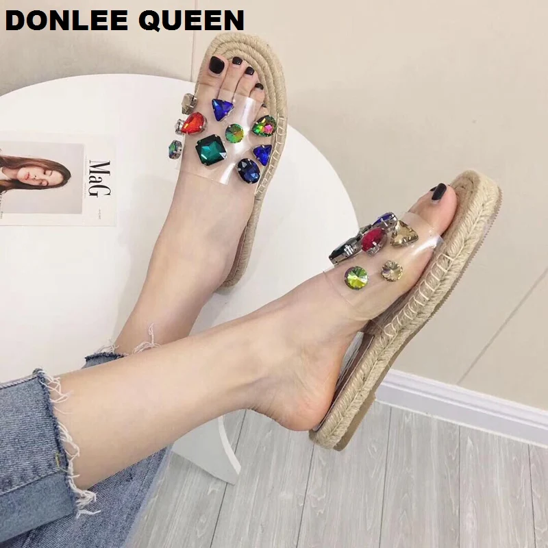 DONLEE QUEEN/Цветные шлепанцы с кристаллами женская летняя обувь женские эспадрильи