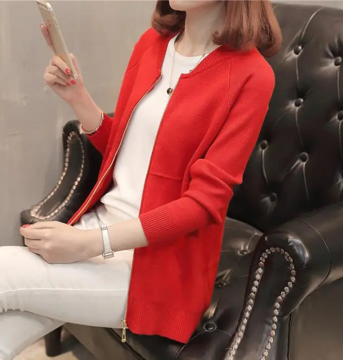 Красный Knitted cardigan new autumn winter women's Plus size Sweater Solid color Korean casual Slim Long sleeve sweater jacket - Цвет: Красный