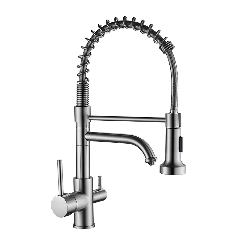 nickel Хромированный пружинный вытяжной кухонный кран с двойным Spouts 360 Поворотный ручной душ кухонный смеситель кран горячей холодной 2 выхода краны с пружиной - Цвет: nickel