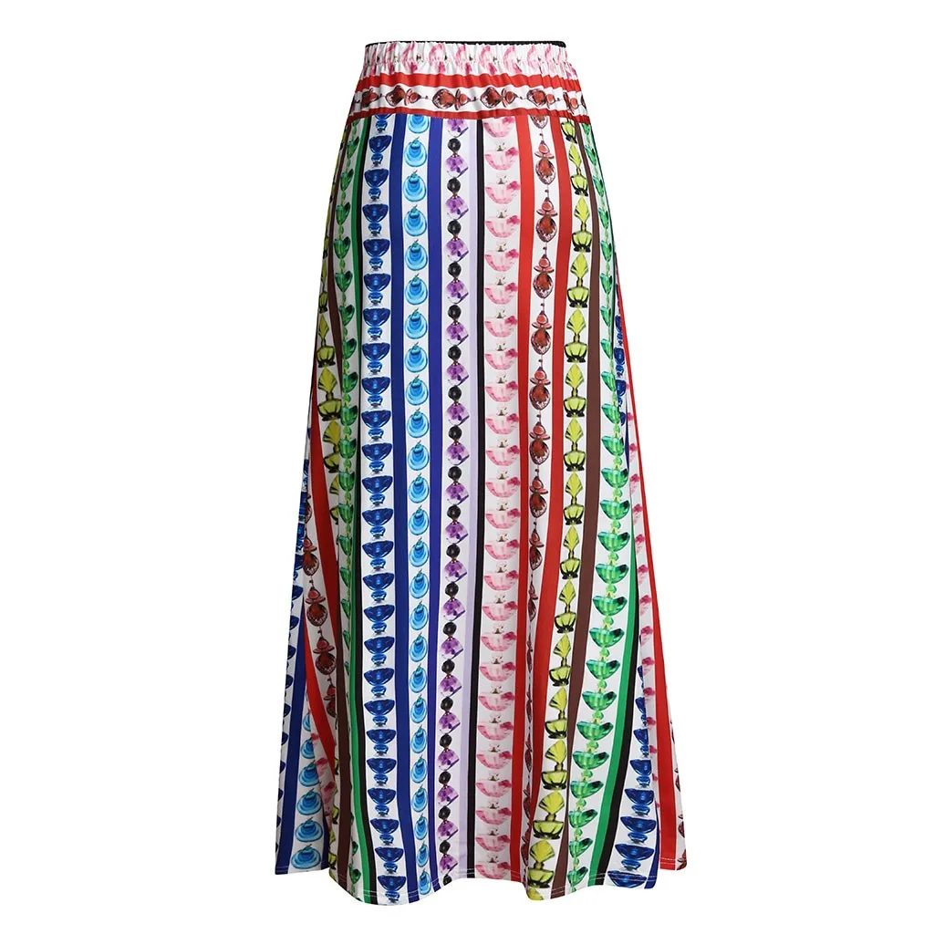 Womail Skirts New Fashion High Waist Skirt Print Summer Long Skirts Elastic Waist A Line Long Skirts For Women BohemianJ611