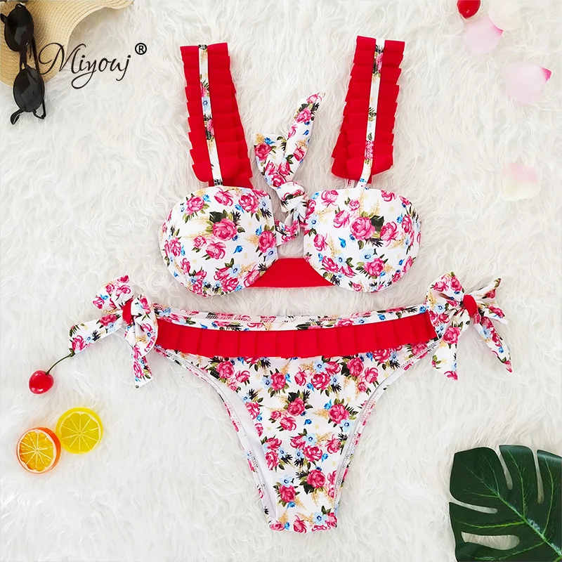 

MIYOUJ Floral Ruffle Push Up Sexy Bikini 2018 Female Swimwear Women Swimsuit Bathing Suit Swim Red Bikini Set Biquinis Bathers