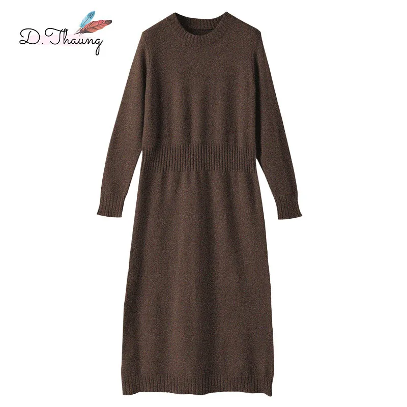 

Spring Autumn Dresses Women 2019 New Long Large Size Knit Ladies Pullover Dresses High Quality Round Neck Female Dresses Cw610